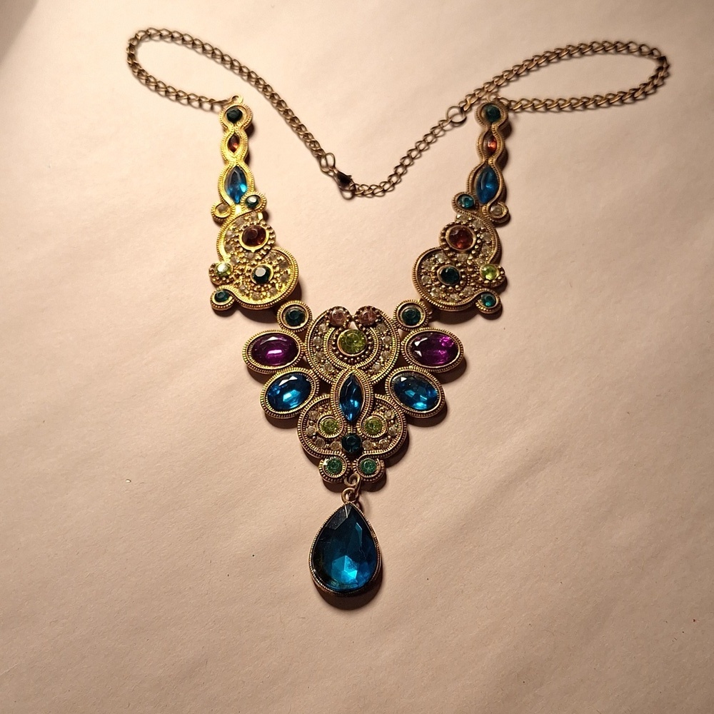 Colorful Vintage Cleopatra Style Necklace Blue Pendant Bib Bollywood India